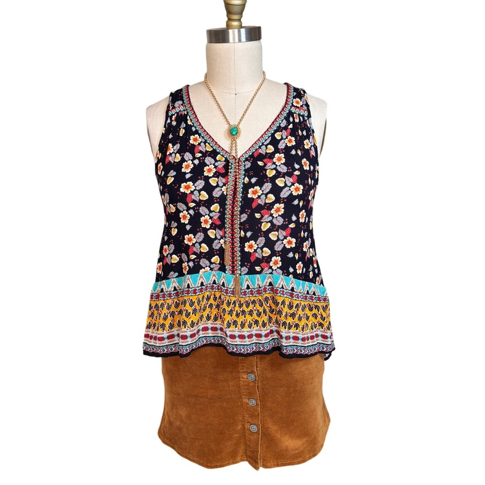 Boho Floral Beaded Patrons of Peace Tank Top Small Navy Blue